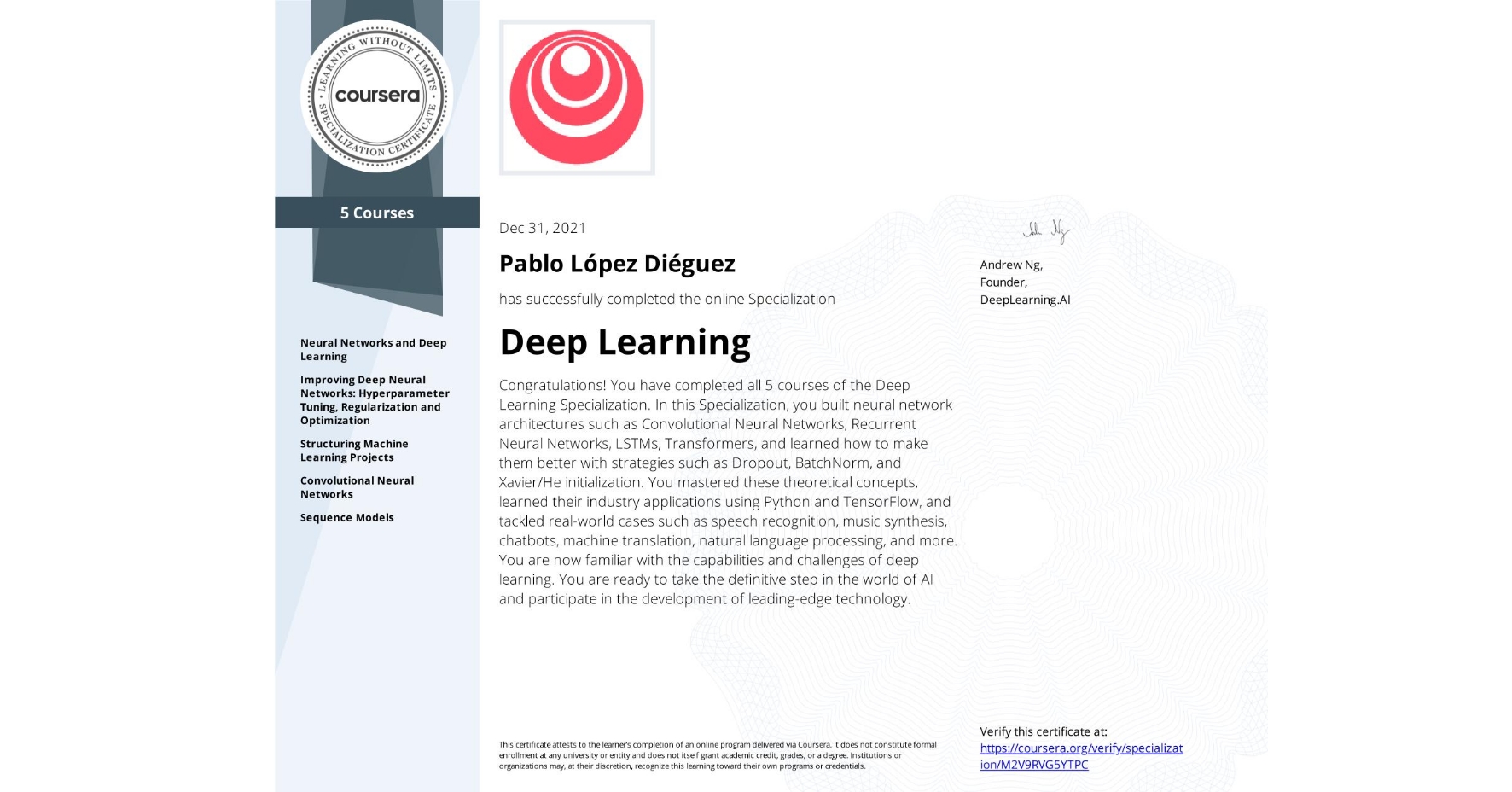 Deep Learning Specialization Certificate